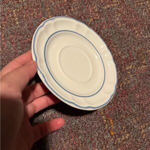 Expressions White Saucer with Light Blue Trim - Scalloped Edge